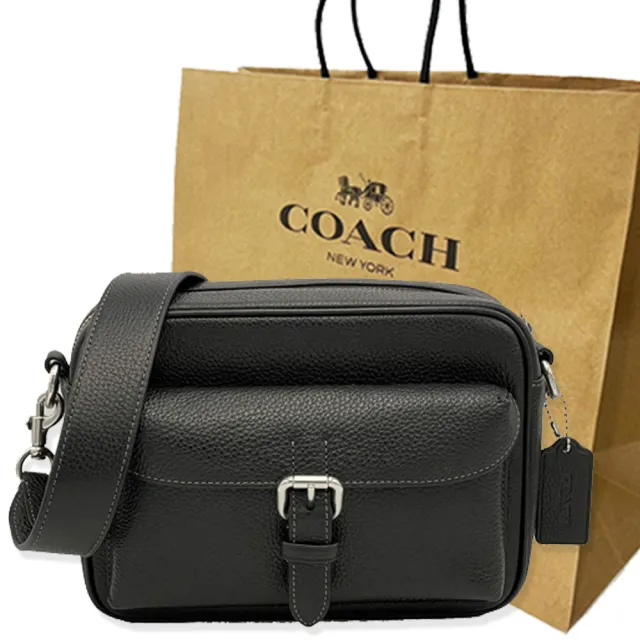 【COACH】素面牛皮釦環中性男款郵差斜背包附原廠紙袋(黑)