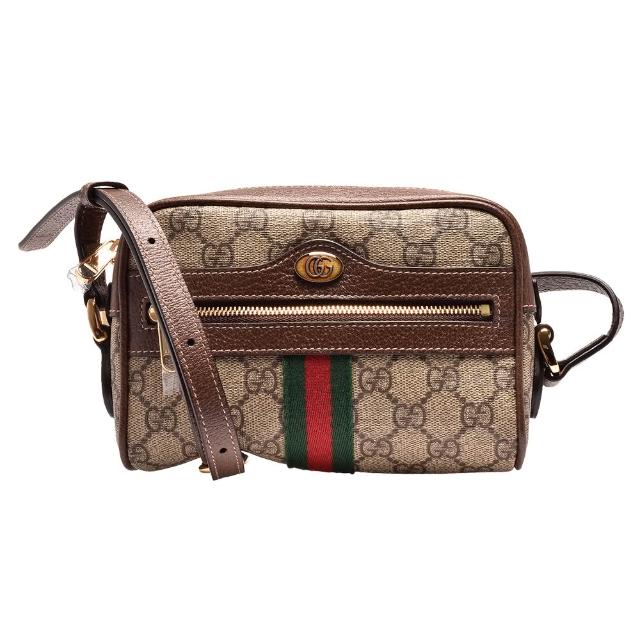 【GUCCI 古馳】經典Minisac Ophidia系列帆布印花綠紅綠織帶皮革飾邊拉鍊斜背包(烏木色517350-96IWS-8745-N)