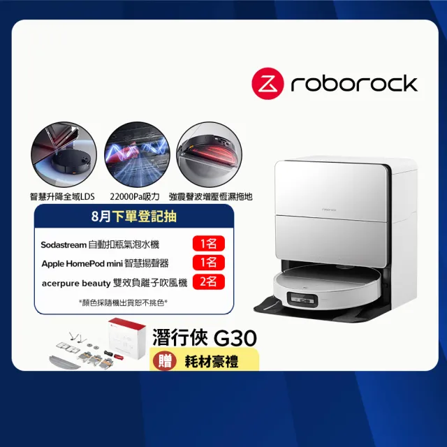 【Roborock 石頭科技】新品上市 G30潛行俠 全能升降極淨王者掃地機 (升降LDS/超薄7.98/恆濕拖地/22000Pa)