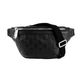 【GUCCI 古馳】GG Logo 滿版壓印皮革腰包/胸口包_90CM(黑色)