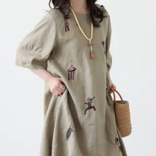 【ACheter】原創手工刺繡簡約圓領寬鬆亞麻感短袖洋裝#125207(芥末綠  黑)