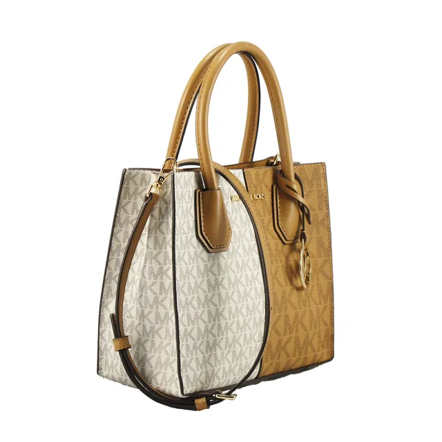 【Michael Kors】MERCER新款雙拼滿版PVC LOGO寬底手提/肩背/斜背包(咖啡白)