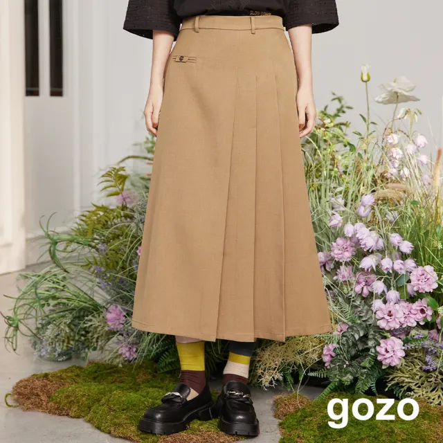 【gozo】不對稱修身百褶長裙(卡其)