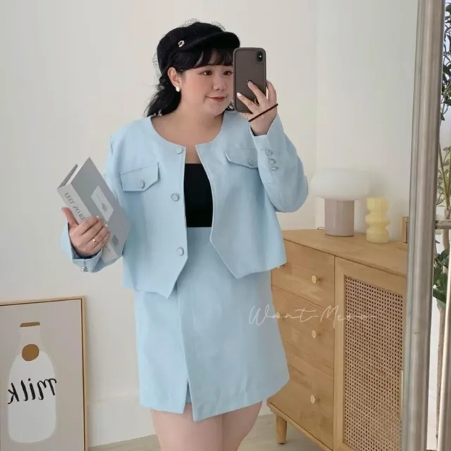 【Want-Meow】90公斤可穿/韓系小香風兩件套金釦不對稱短裙套裝兩件組(大碼/大尺碼/加大碼/套裝)