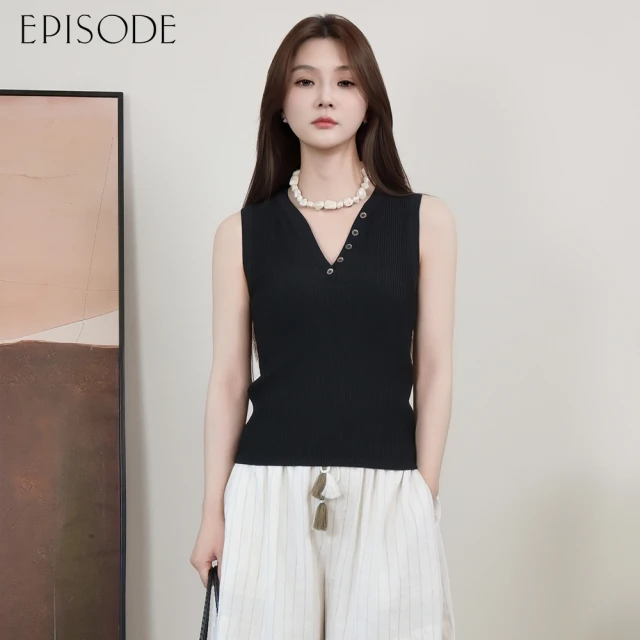 【EPISODE】修身百搭坑條V領針織背心153504（黑）