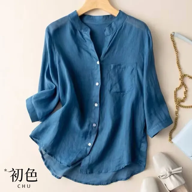 【初色】涼爽透氣純色寬鬆棉麻風七分袖襯衫女上衣-共3色-67167(M-2XL可選)