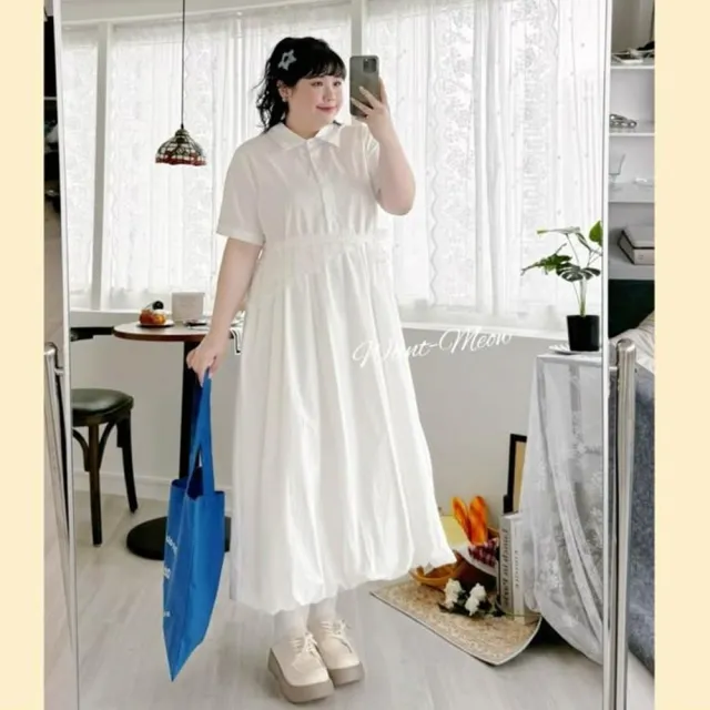 【Want-Meow】90公斤可穿/日系百搭短袖翻領襯衫氣球連身洋裝(大碼/大尺碼/加大碼/洋裝/婚禮穿搭)