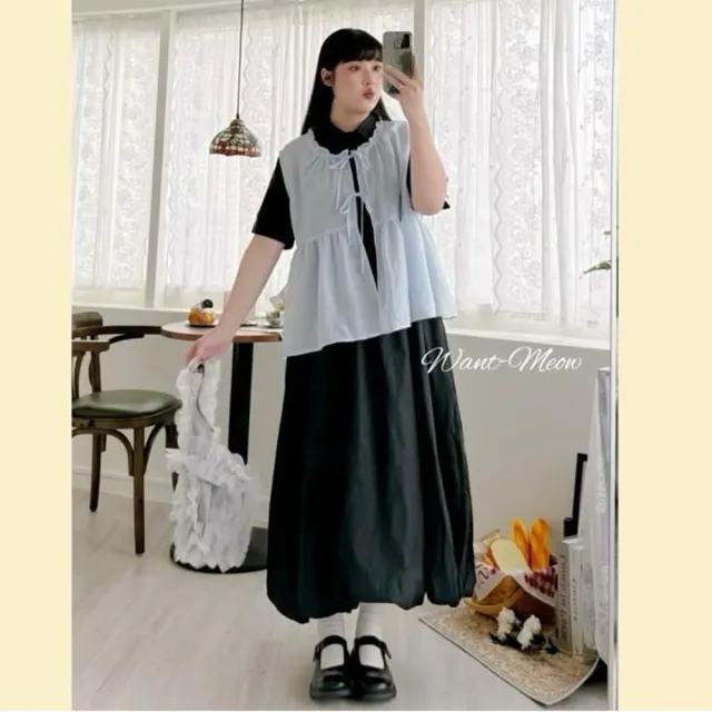 【Want-Meow】90公斤可穿/日系百搭短袖翻領襯衫氣球連身洋裝(大碼/大尺碼/加大碼/洋裝/婚禮穿搭)
