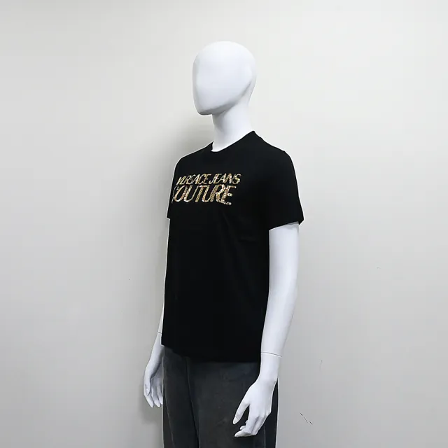 【VERSACE 凡賽斯】VERSACE JEANS亮片字母設計純棉短袖T恤(女款/黑)
