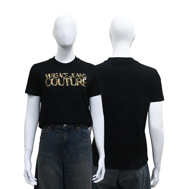 【VERSACE 凡賽斯】VERSACE JEANS亮片字母設計純棉短袖T恤(女款/黑)