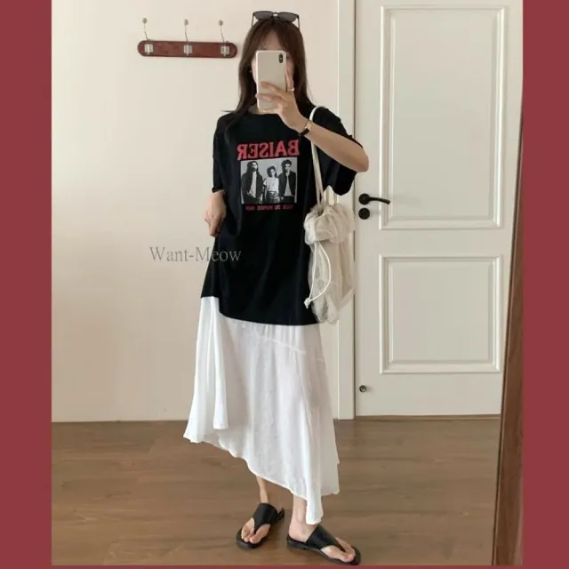【Want-Meow】90公斤可穿/設計感拼接雪紡圖案寬鬆洋裝(大碼/大尺碼/加大碼/洋裝)