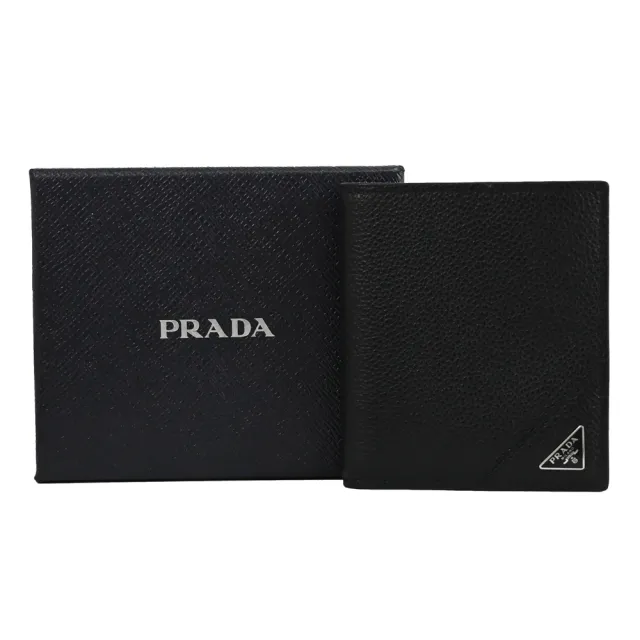 【PRADA 普拉達】經典三角LOGO荔枝牛皮簡易6卡對折短夾(黑)