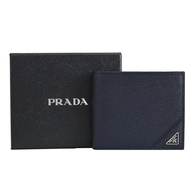 【PRADA 普拉達】經典三角LOGO荔枝牛皮雙層8卡對折短夾(深藍)