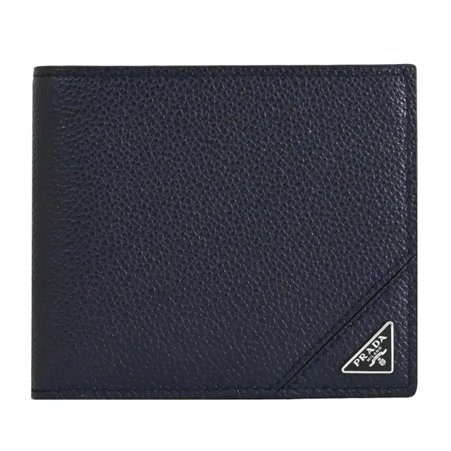 【PRADA 普拉達】經典三角LOGO荔枝牛皮雙層8卡對折短夾(深藍)