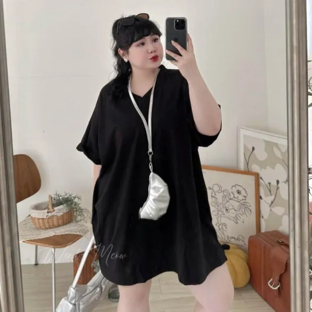 【Want-Meow】100公斤可穿/顯瘦V領口袋寬鬆中長版寬鬆下半身失蹤上衣(大碼/大尺碼/加大碼/洋裝/長版上衣)
