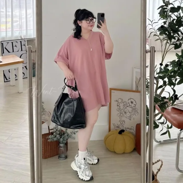 【Want-Meow】100公斤可穿/顯瘦V領口袋寬鬆中長版寬鬆下半身失蹤上衣(大碼/大尺碼/加大碼/洋裝/長版上衣)