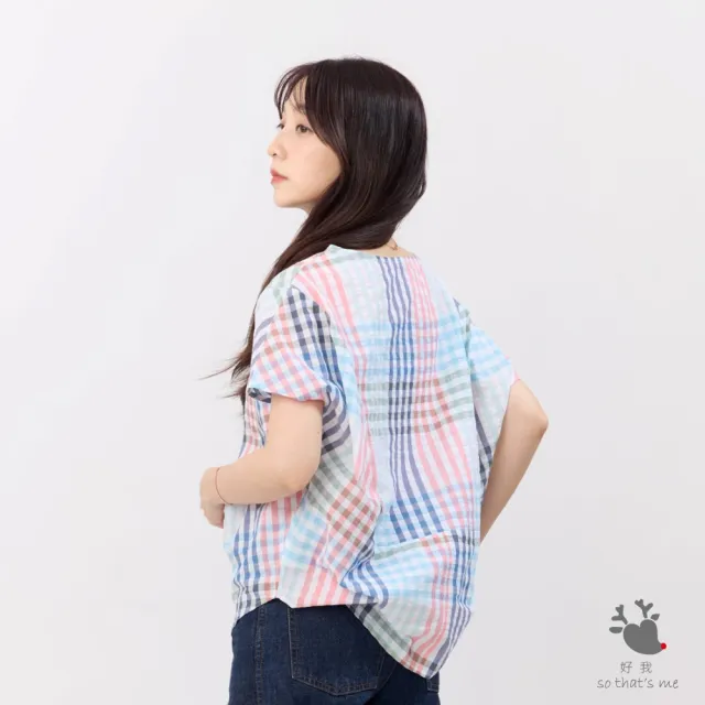 【so that’s me 好我】Debbie 方型小蓋袖拼接棉質上衣(彩格紋)