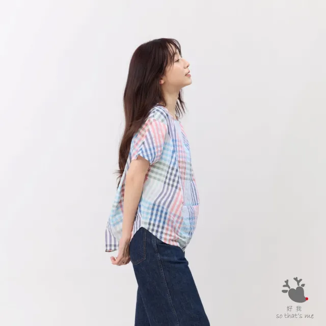 【so that’s me 好我】Debbie 方型小蓋袖拼接棉質上衣(彩格紋)