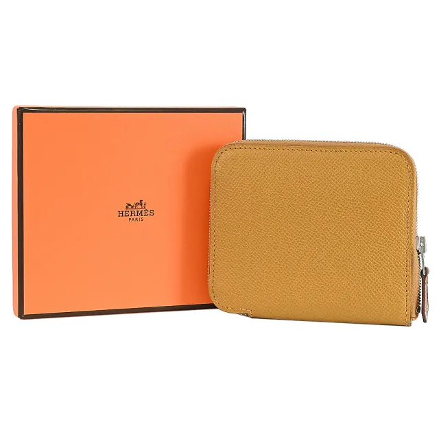【Hermes 愛馬仕】Silk Evercolor 經典內襯絲巾小牛皮拉鍊零錢簡易短夾(焦糖黃)