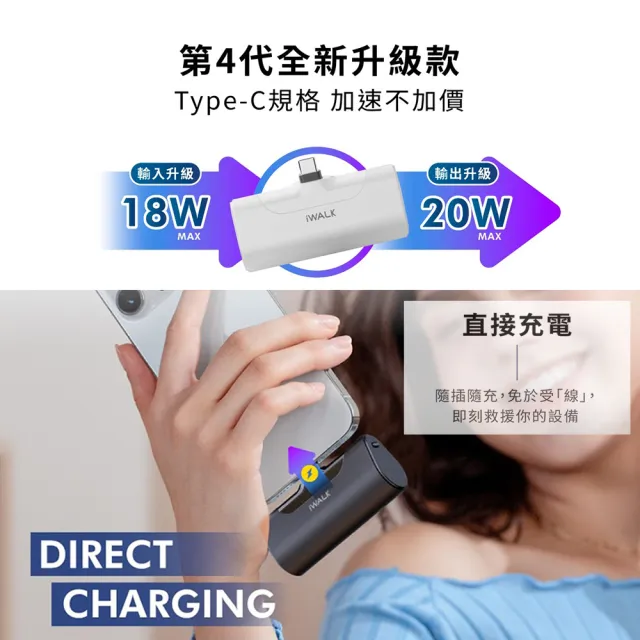 【iWALK】四代4500mAh直插式口袋行動電源/Type-C升級版/適用安卓/蘋果15含以上(DBL4500NC顏色任選)