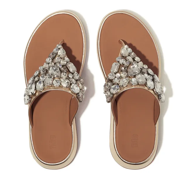【FitFlop】F-MODE 華麗寶石金屬皮革厚底夾腳涼鞋-女(兩色)
