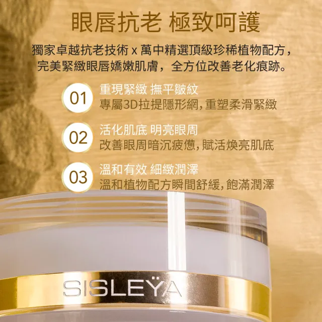 【Sisley 希思黎】官方直營 抗皺活膚御緻眼唇霜15ml(眼霜/抗老+贈美妍按摩筆+駐顏霜5ml+前導水精華15ml)