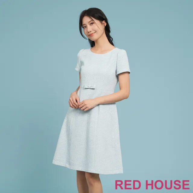 【RED HOUSE 蕾赫斯】小香風花紗毛呢洋裝(粉嫩藍)