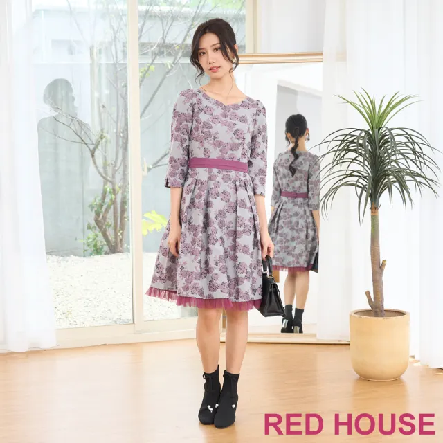 【RED HOUSE 蕾赫斯】典雅花朵網紗裙襬緹花洋裝(紫色)
