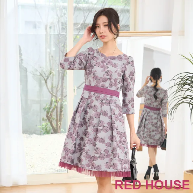 【RED HOUSE 蕾赫斯】典雅花朵網紗裙襬緹花洋裝(紫色)