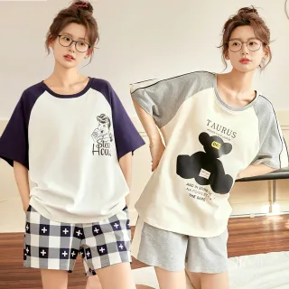 【Kosmiya】1套 帶胸墊 棉質 油畫少女短袖睡衣/女睡衣/居家服/涼感睡衣/睡衣套裝(3色可選/均碼/加大碼)