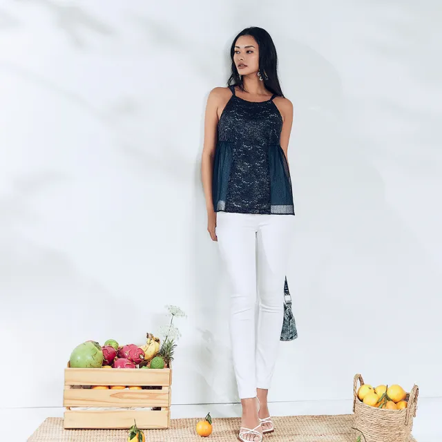 【ICHE 衣哲】Cop.Copine 法國原裝進口深藍蕾絲拼紗性感背心上衣