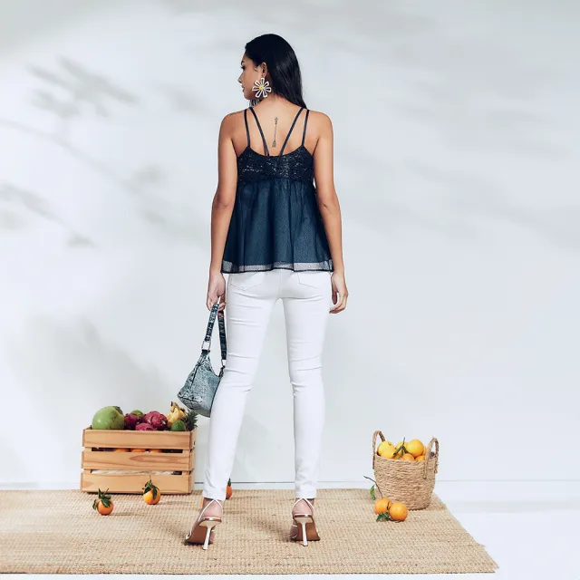 【ICHE 衣哲】Cop.Copine 法國原裝進口深藍蕾絲拼紗性感背心上衣