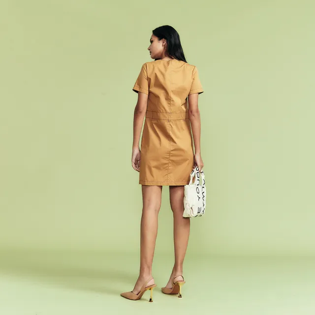 【ICHE 衣哲】Cop.Copine 法國原裝進口焦糖色拉鍊連身洋裝