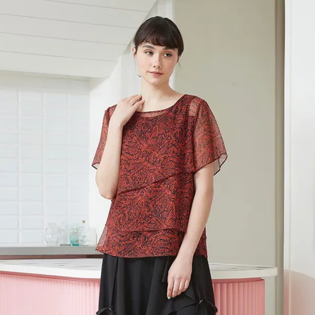 【ICHE 衣哲】Cop.Copine 法國原裝進口紅黑印花雪紡層疊上衣