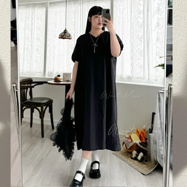 【Want-Meow】100公斤可穿/韓系Ｖ領短袖蓬蓬袖寬鬆洋裝(大碼/大尺碼/加大碼/洋裝)