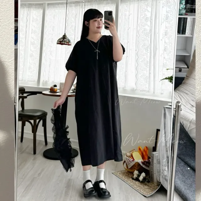 【Want-Meow】100公斤可穿/韓系Ｖ領短袖蓬蓬袖寬鬆洋裝(大碼/大尺碼/加大碼/洋裝)