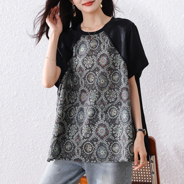 【ALLK 歐楷】新品 印花拼接長版上衣 圖片色(尺寸L-XXL/中大尺碼/涼爽/透氣)
