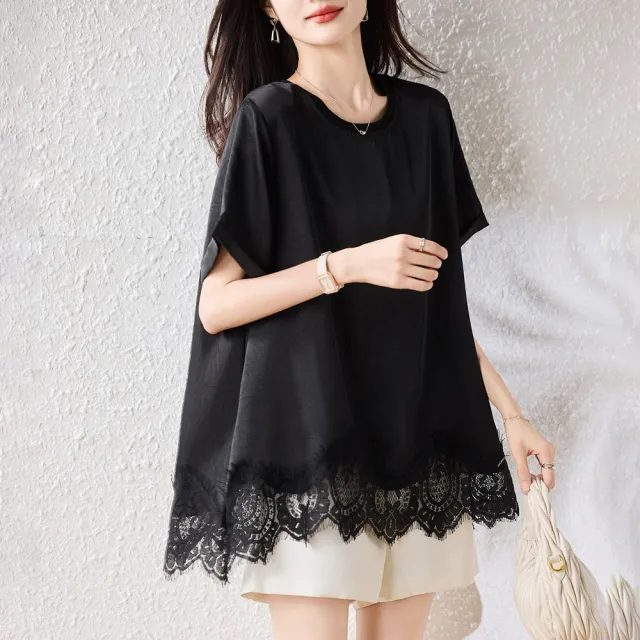 【ALLK 歐楷】新品 拼接長版上衣 黑色(尺寸L-XXL/中大尺碼/涼爽/透氣)