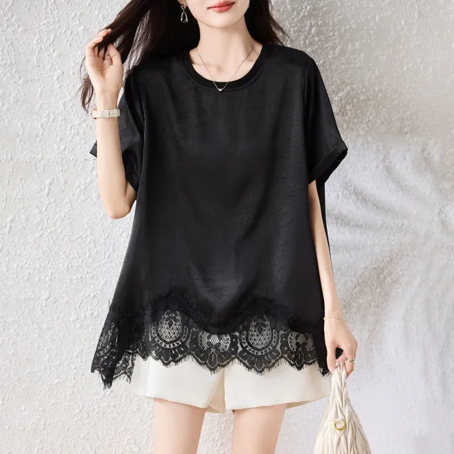 【ALLK 歐楷】新品 拼接長版上衣 黑色(尺寸L-XXL/中大尺碼/涼爽/透氣)