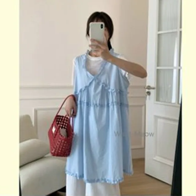 【Want-Meow】95公斤可穿獨家日系V領設計寬鬆花邊中長背心多層次穿搭(大碼上衣/大碼/大尺碼/背心)