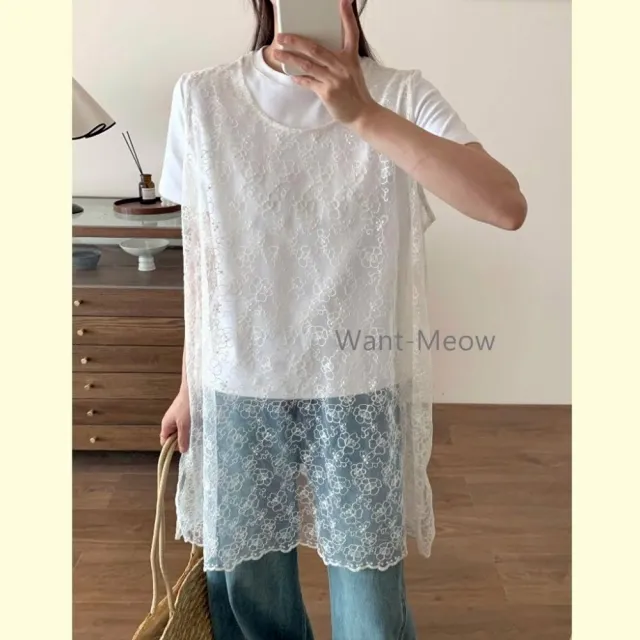 【Want-Meow】90公斤可穿日系寬肩帶雕花中長背心多層次穿搭(大碼上衣/大碼/大尺碼/背心)