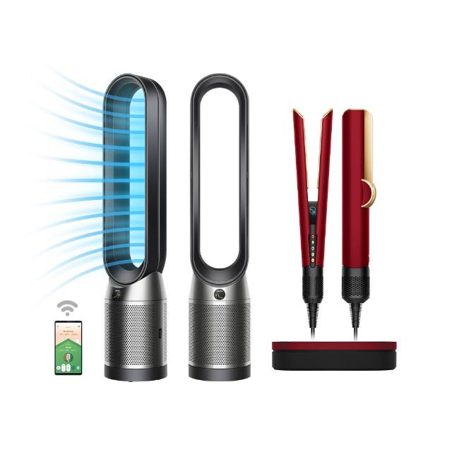 【dyson 戴森】TP07空氣清淨機(黑鋼色) + HT01二合一吹風直髮器(絲絨紅附精美禮盒) 超值組