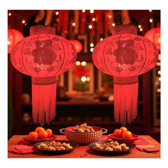 【摩達客】40x60cm年節元宵金線大紅燈籠吊飾2入組+50LED電池燈+USB暖白光*2(春節 開運 招財 裝飾燈籠)