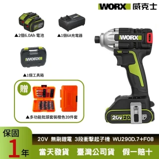 【WORX 威克士】20V 230Nm  無刷鋰電衝擊起子機WU290D.7+F08(衝擊起子機 電動扳手 電動起子 衝擊扳手)