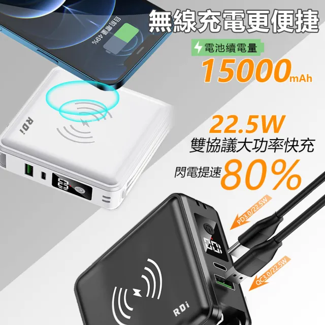 【RDi】有3CCC+WH RDi-8698 15000mah 21.6W雙孔快充 無線充電行動電源(充電模式 無線/自帶線)