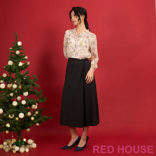 【RED HOUSE 蕾赫斯】時髦不對稱造型素面寬褲(黑色)