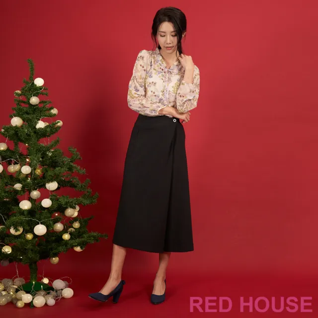 【RED HOUSE 蕾赫斯】時髦不對稱造型素面寬褲(黑色)