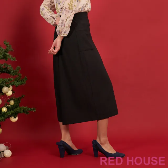 【RED HOUSE 蕾赫斯】時髦不對稱造型素面寬褲(黑色)