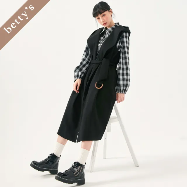 【betty’s 貝蒂思】出清品  毛呢開襟連帽長版背心(黑色)