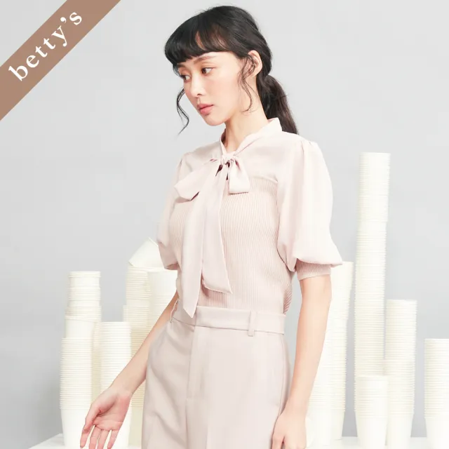 【betty’s 貝蒂思】出清品  領口綁帶雪紡拼接針織上衣(粉膚色)
